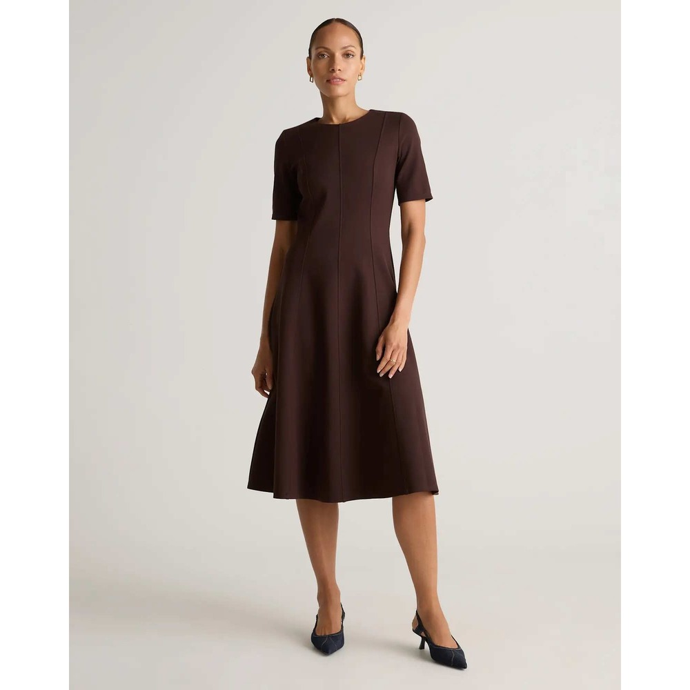 Quince Ultra Stretch Ponte Short Sleeve Midi Dress Espresso Brown Small NWT